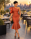 Rust chevron one-shoulder midi dress with a ruffled sleeve and mermaid hem