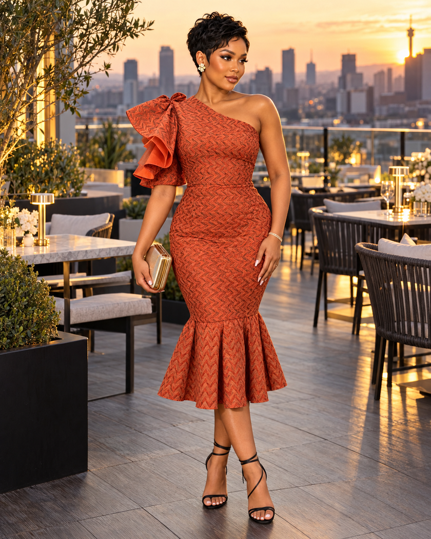 Rust chevron one-shoulder midi dress with a ruffled sleeve and mermaid hem
