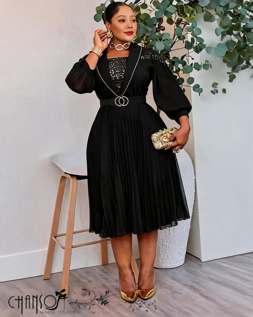 Black embellished pleated midi evening dress for women - view 1