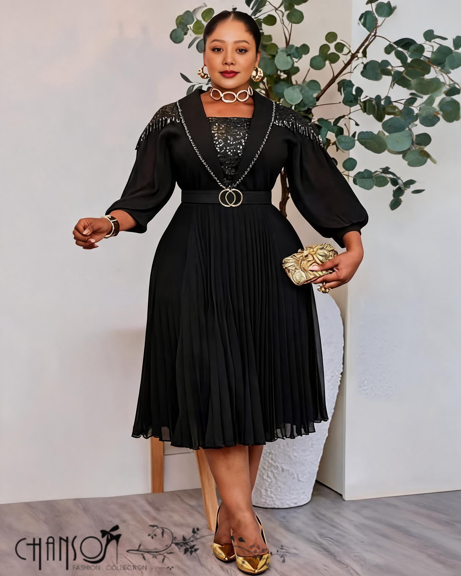 Black embellished pleated midi evening dress for women - view 2