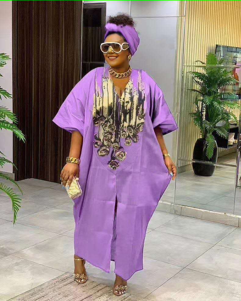 Plus size African floral kaftan dress, violet, loose short sleeves.