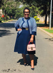 Plus size wavy striped contrast midi dress with round neck, navy top and black skirt