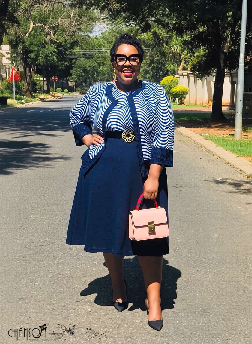 Plus size wavy striped contrast midi dress with round neck, navy top and black skirt