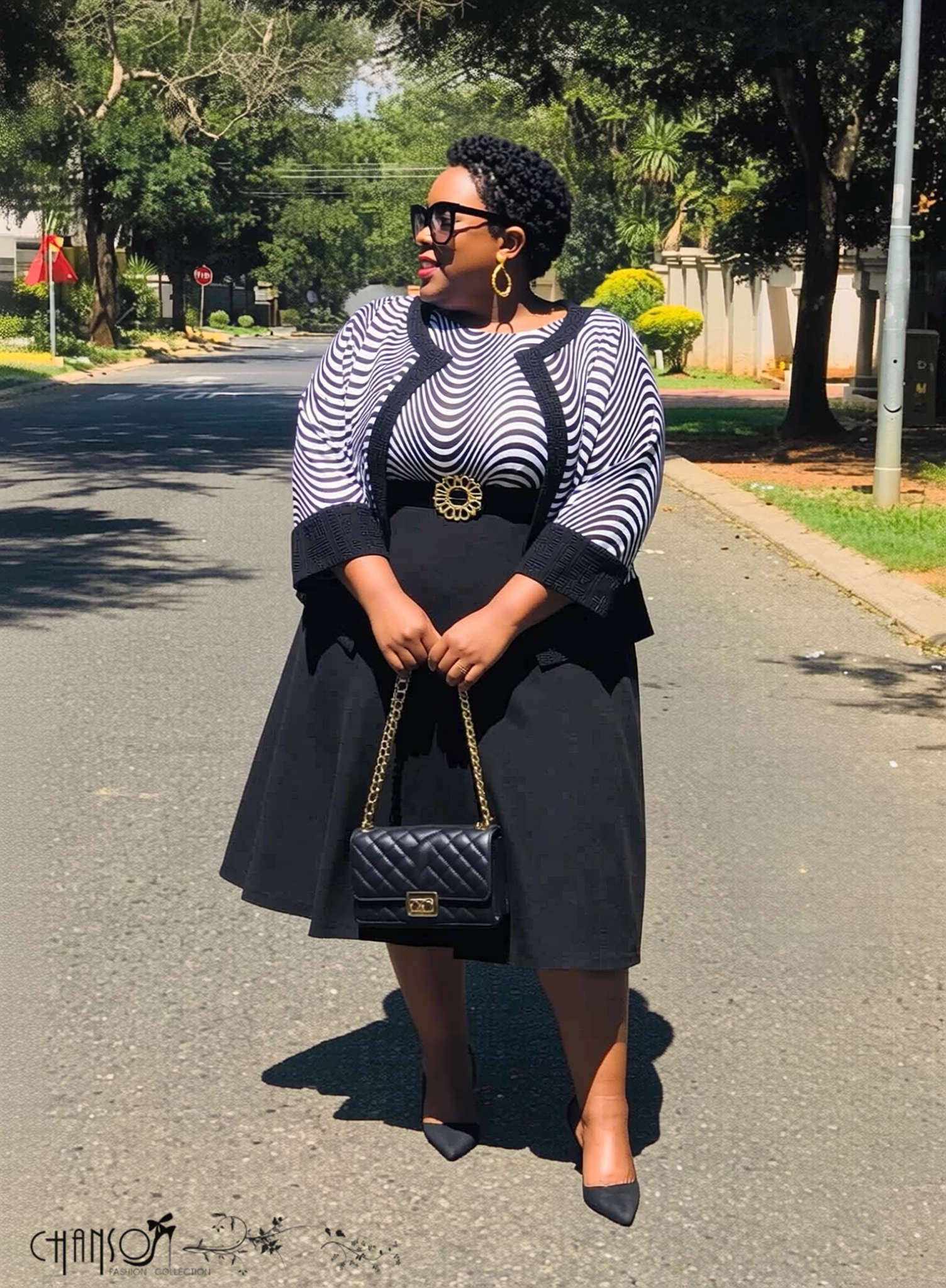 Plus size wavy striped contrast midi dress with navy bodice and black A-line skirt