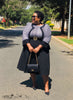 Plus size wavy striped contrast midi dress with navy bodice and black A-line skirt