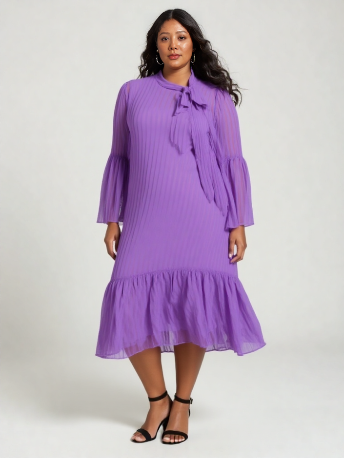 Purple pleated midi dress with puff sleeves and ruffle hem