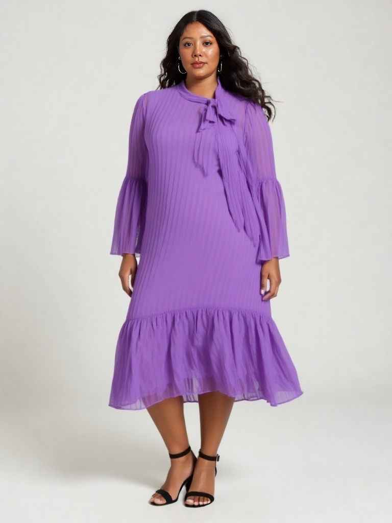Purple pleated midi dress with puff sleeves and ruffle hem