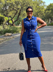 Sleeveless Collared Denim Midi Dress Chest Pockets Self Tie Belt Office Casual Outfit