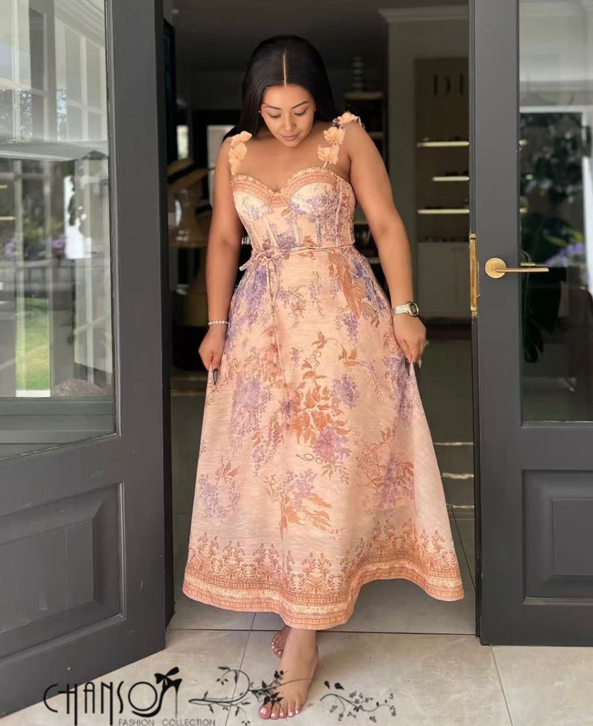 Peach floral corset midi dress with 3D flower straps, full length