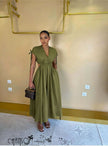 Olive side cutout button-front midi maxi dress, sleeveless V-neck with gathered waist