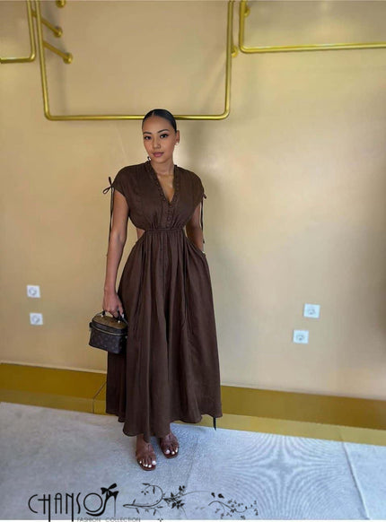 Brown side cutout button-front midi maxi dress, sleeveless V-neck with gathered waist