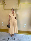 Nude side cutout button-front midi maxi dress, sleeveless V-neck with gathered waist