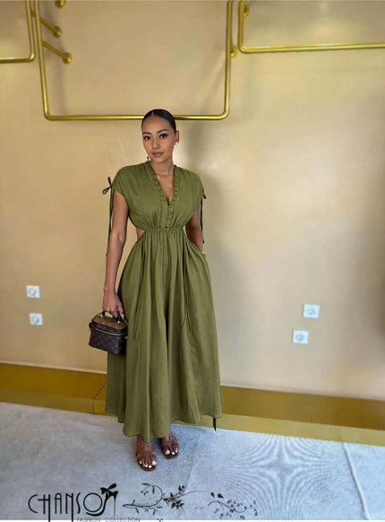 Olive side cutout button-front midi maxi dress, sleeveless V-neck with gathered waist