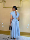 Light blue backless side cutout button-front midi maxi dress with gathered waist
