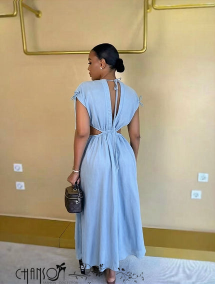 Light blue backless side cutout button-front midi maxi dress with gathered waist