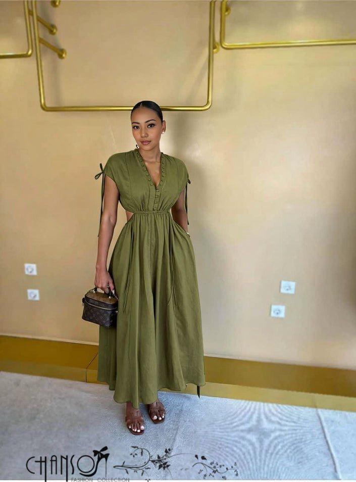 Olive side cutout button-front midi maxi dress, sleeveless V-neck with gathered waist
