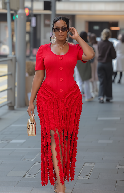 Women's fitted short sleeve ruffled front slit midi dress available in red and brown - view 2
