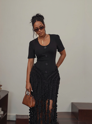 Women's fitted short sleeve ruffled front slit midi dress available in red and brown - view 4