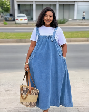 Denim blue pinafore maxi dress with adjustable straps and bib front