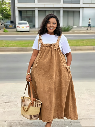 Camel brown pinafore maxi dress with adjustable straps and bib front