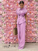 Dusty-pink two-piece relaxed set with drawstring waist top and wide-leg pants