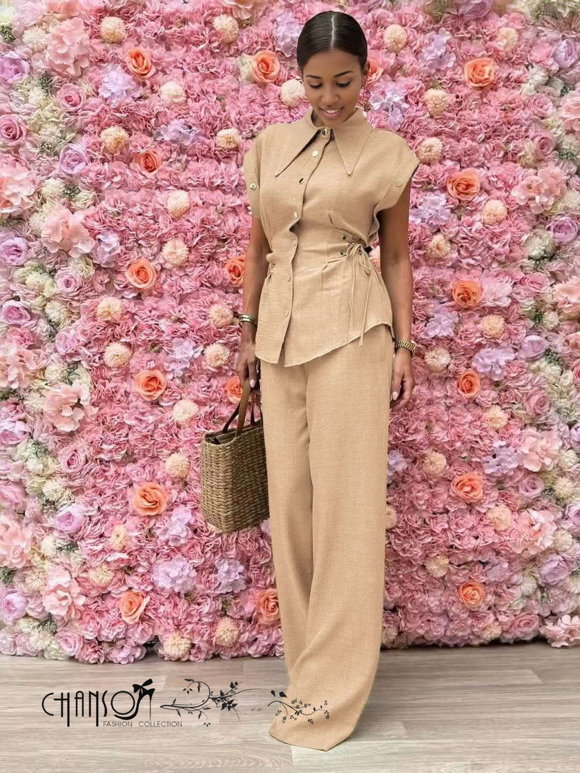 Tan two-piece relaxed set with drawstring waist top and wide-leg pants