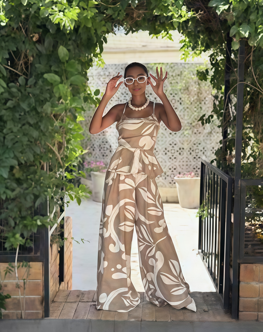 Floral wide-leg peplum jumpsuit with sleeveless V-neck bodice, beige and brown