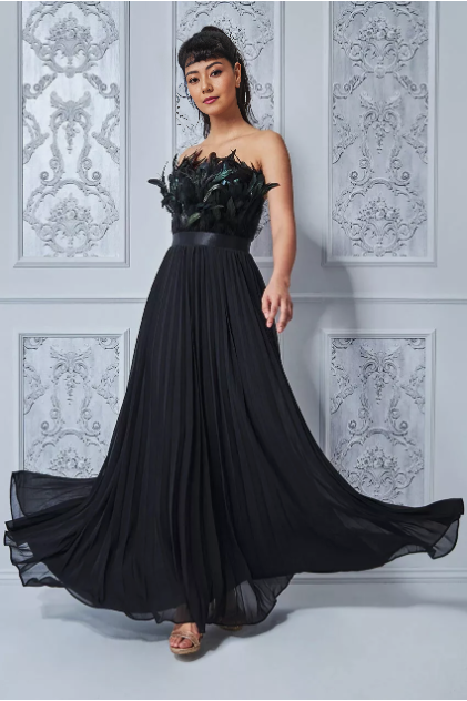 Feather-bodice A-line maxi dress with black pleated skirt, strapless sweetheart neckline