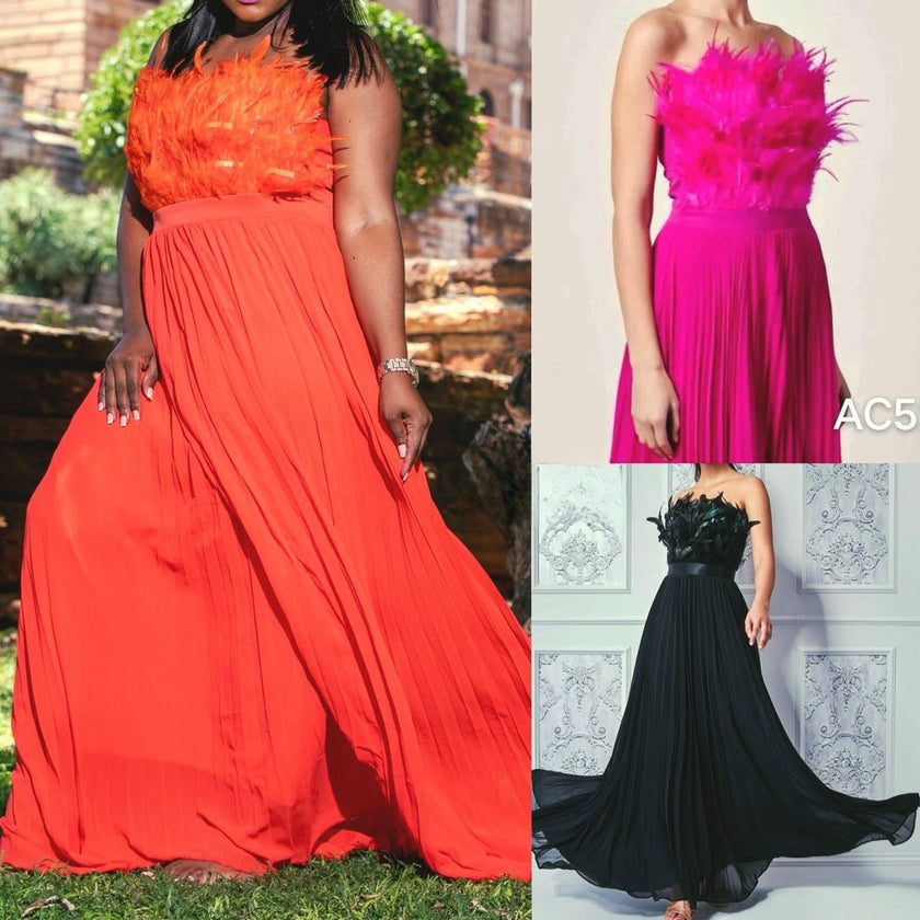 Feather-bodice A-line maxi dress shown in orange-red, deep-pink, and black