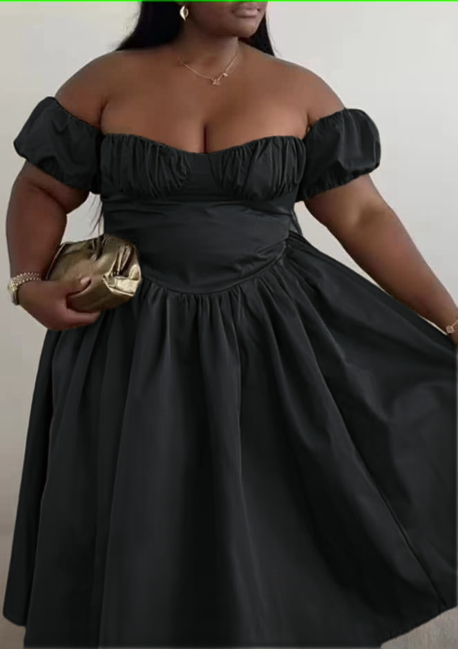 Black off-shoulder dress with puff sleeves and gathered full skirt