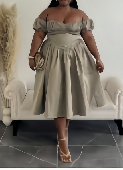Light khaki off-shoulder dress with puff sleeves and gathered full skirt