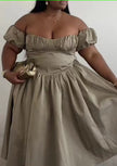 Khaki off-shoulder dress with puff sleeves and gathered full skirt