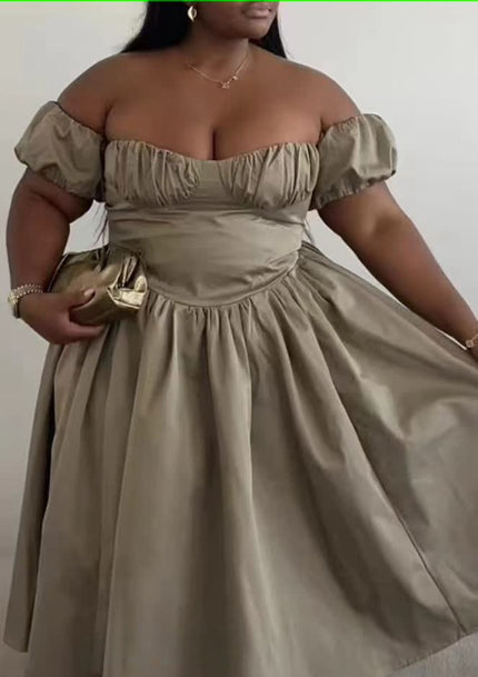 Khaki off-shoulder dress with puff sleeves and gathered full skirt
