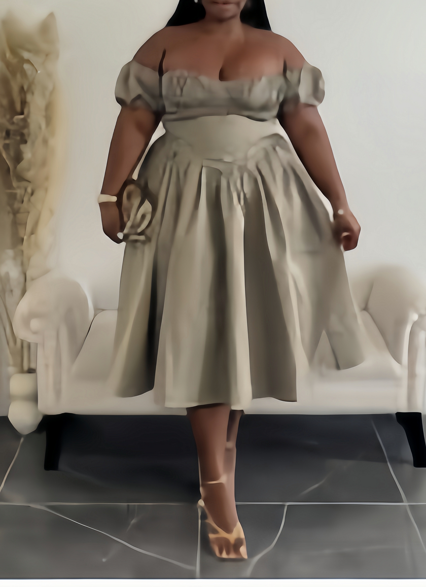 Light khaki off-shoulder dress with puff sleeves and gathered full skirt