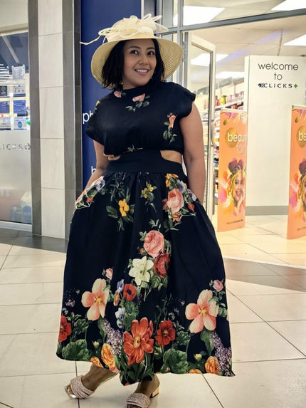 Black midi floral twin set dress with short sleeves and pleated skirt