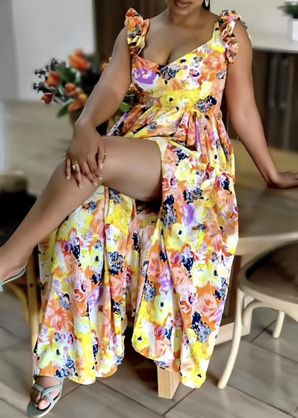Floral maxi dress with ruffle shoulder straps, sleeveless sweetheart neckline