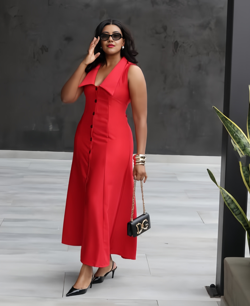 Red sleeveless lapel midi dress with button-front closure and flared skirt