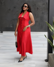 Red sleeveless lapel midi dress with front buttons and V-neckline