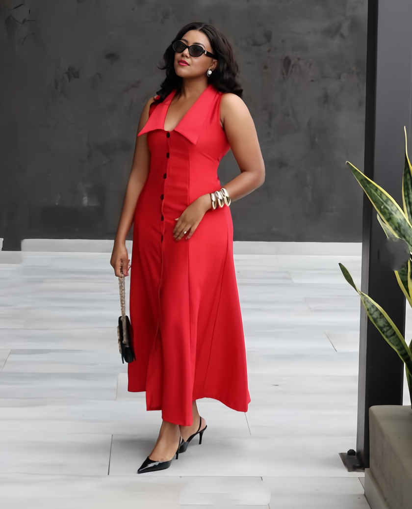 Red sleeveless lapel midi dress with front buttons and V-neckline