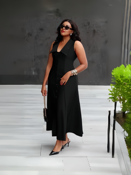 Sleeveless V-neck Dress with Lapel and Button Front