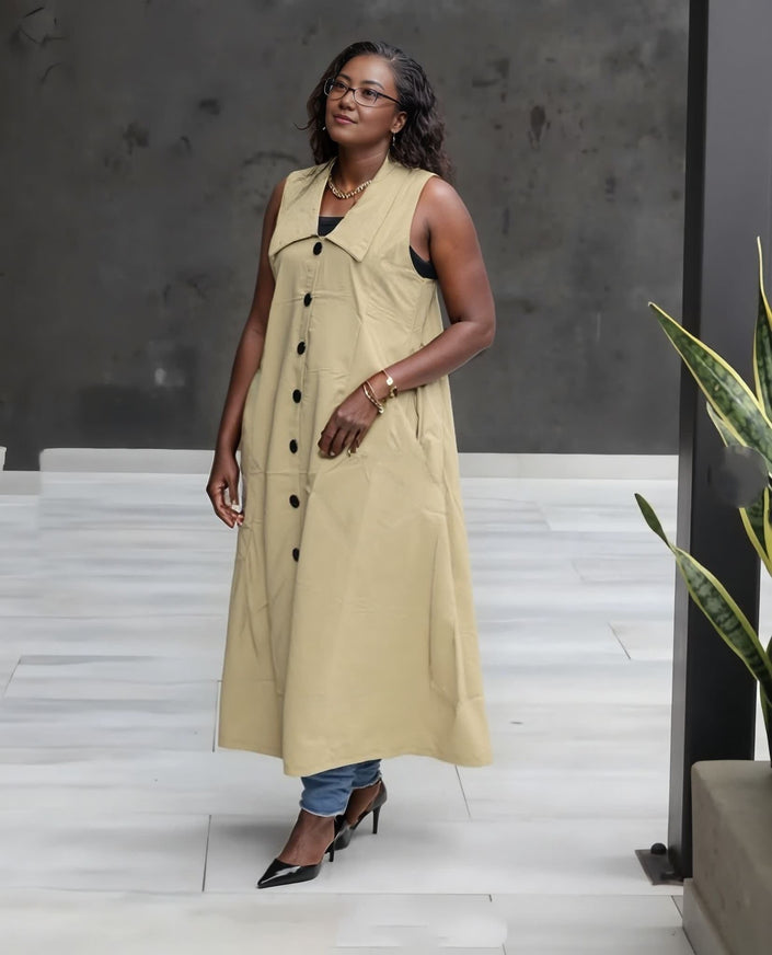 Khaki sleeveless lapel midi dress with button front and V-neck, A-line midi.