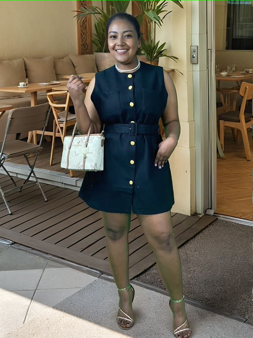 Black belted sleeveless mini dress with button front and gold trim, slim fit