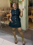 Black belted sleeveless mini dress with round neckline and gold buttons, slim fit
