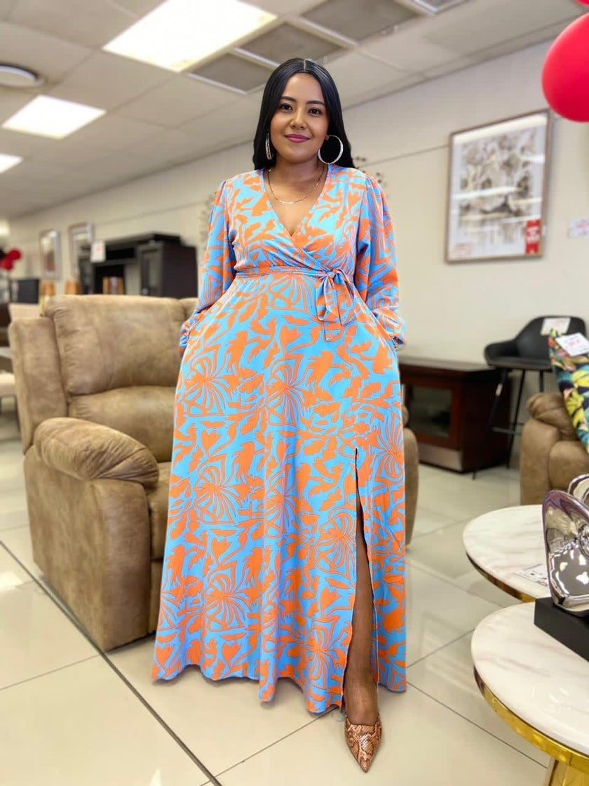 Orange patterned V-neck maxi dress with high waist and side slit, long sleeves