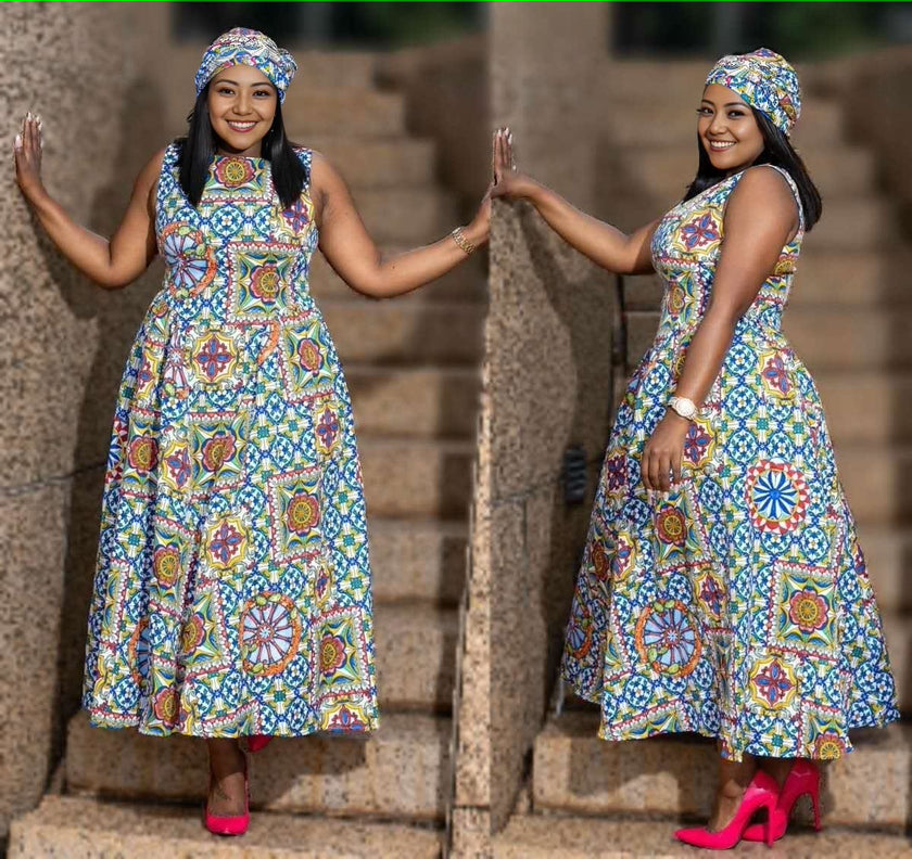 Women's Ethnic Style Printed Sleeveless Dress with Geometric Patterns