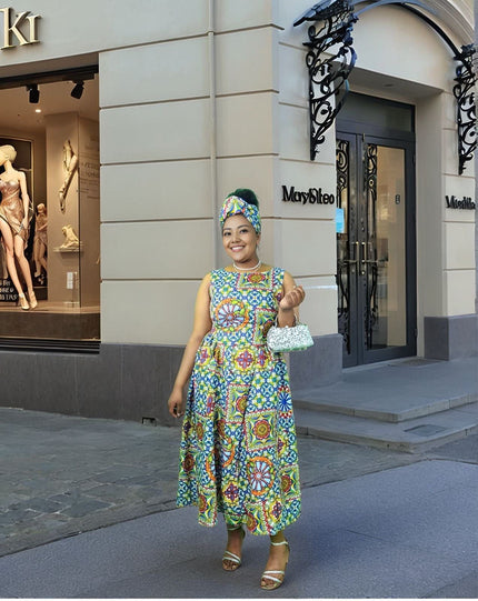 Geometric print midi dress with sleeveless square neckline, colorful pattern