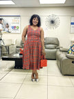 Sleeveless checkered midi dress with flared skirt, red and blue plaid pattern