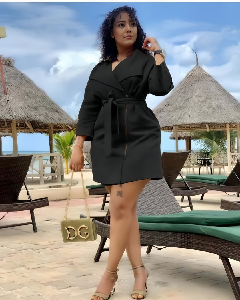 Black belted wrap trench coat with 3/4 sleeves and front tie
