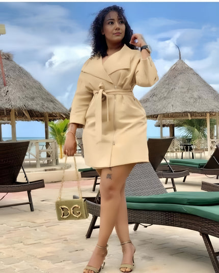Beige belted wrap trench coat with 3/4 sleeves and front tie