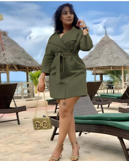 Army-green belted wrap trench coat with 3/4 sleeves and front tie